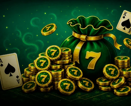 Saco verde com moedas douradas marcadas com o número 7 e cartas de baralho, criativo de promoções da 7Games